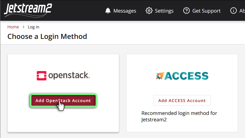 A screenshot highlighting the 'Add OpenStack Account' button