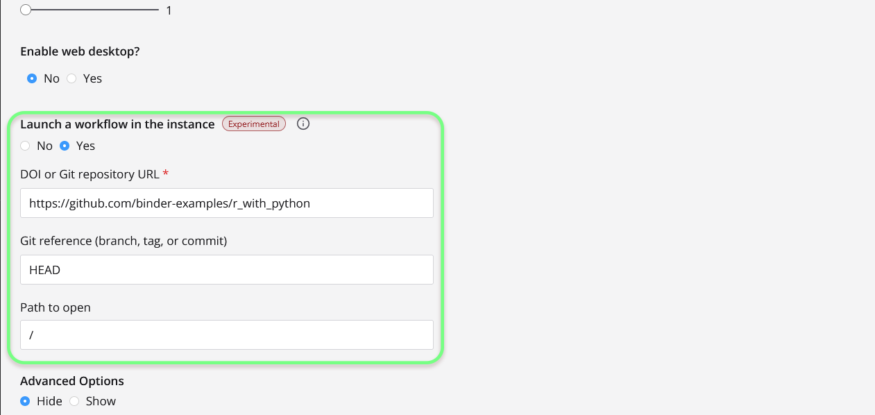 screenshot of Exosphere workflow options