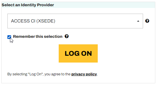 A screenshot showing the 'Select an Identity Provider' dropdown, with 'ACCESS CI (XSEDE)' selected