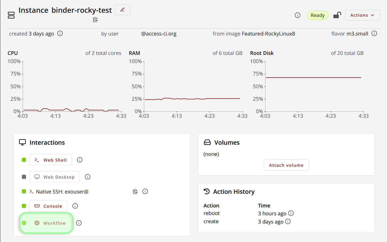 screenshot of Exosphere Instance Details page, showing the "Workflow" button highlighted