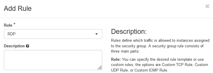 A screenshot of the RDP security rule in a dropdown menu