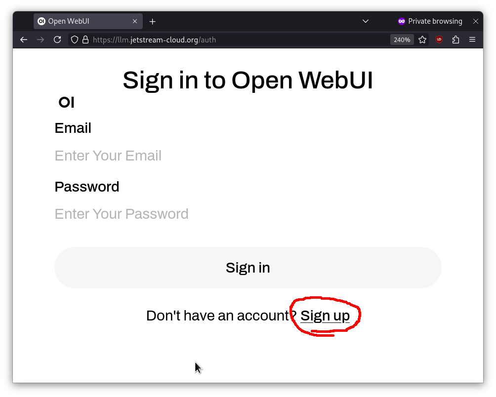 screenshot of Open WebUI signup page