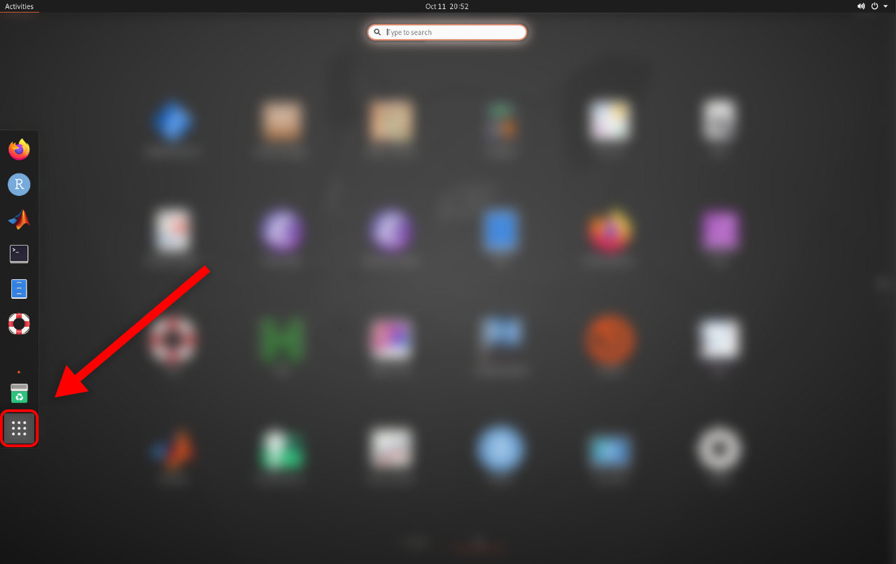 A screenshot highlighting the location of the "Show Applications" button in Ubuntu 20