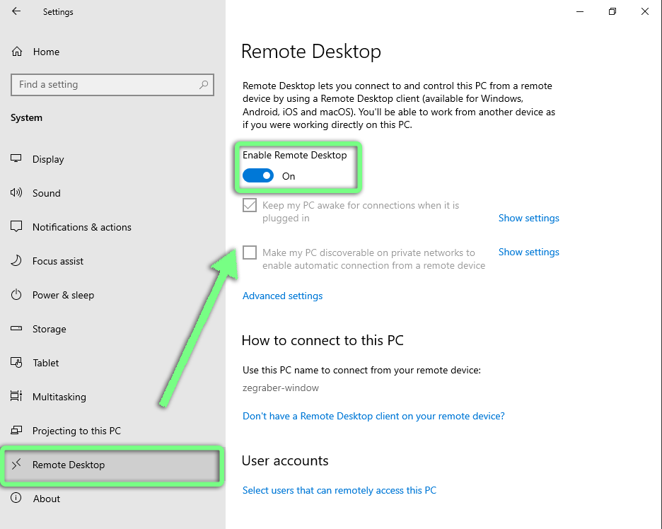 A screenshot showing the location of the 'Enable Remote Desktop' toggle