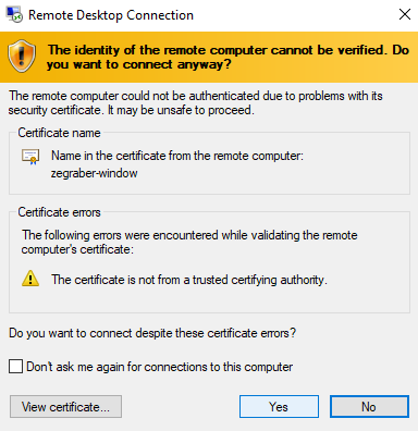 A screenshot of the certificate popup message